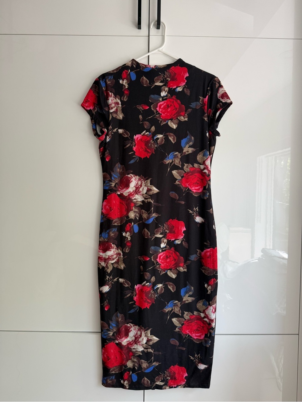 Unique Vintage Black Midi Dress with Red Rose Print